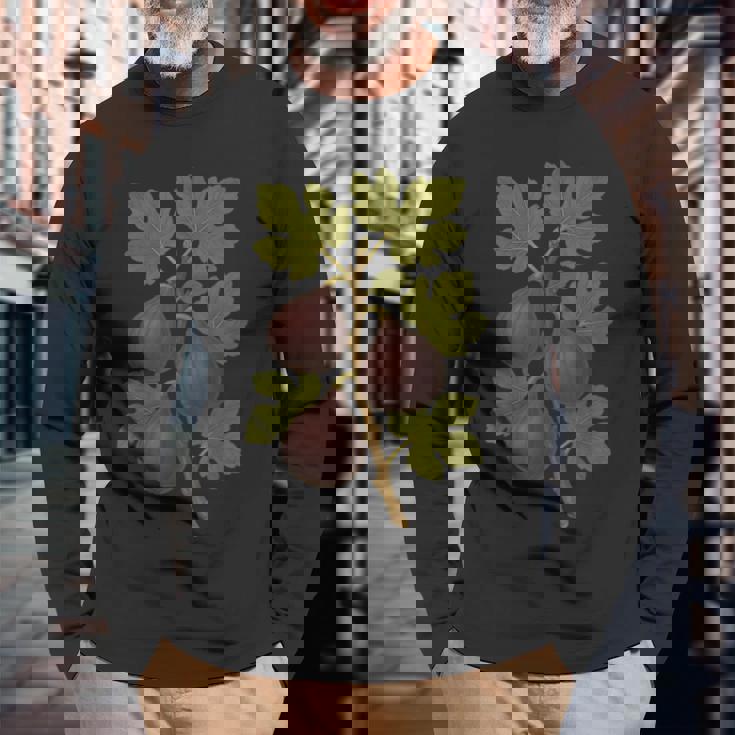 ヴィンテージ ボタニカル イチジク 自然 フルーツ アートプリント 長袖Tシャツ 高齢者への贈り物