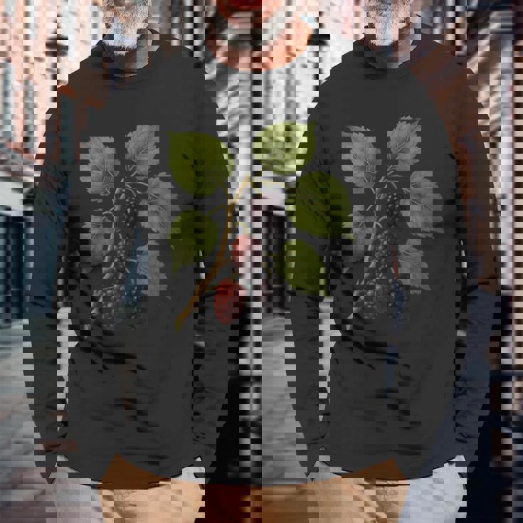 ヴィンテージ ボタニカル 桑 自然 フルーツ アートプリント 長袖Tシャツ 高齢者への贈り物