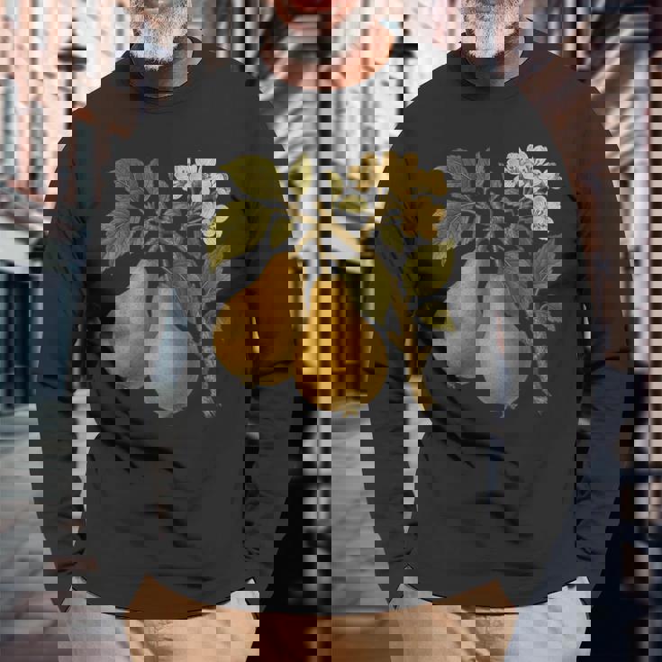 ヴィンテージボタニカル梨アートプリント 長袖Tシャツ 高齢者への贈り物