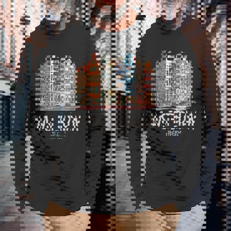 夜のアムステルダム-オランダオランダ-アムステルダム 長袖Tシャツ 高齢者への贈り物