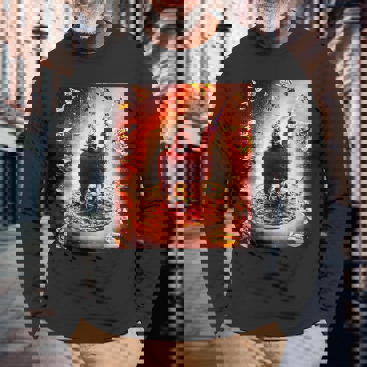 宇宙 猫 ライディング ラマ ユニコーン ピザ 長袖Tシャツ 高齢者への贈り物