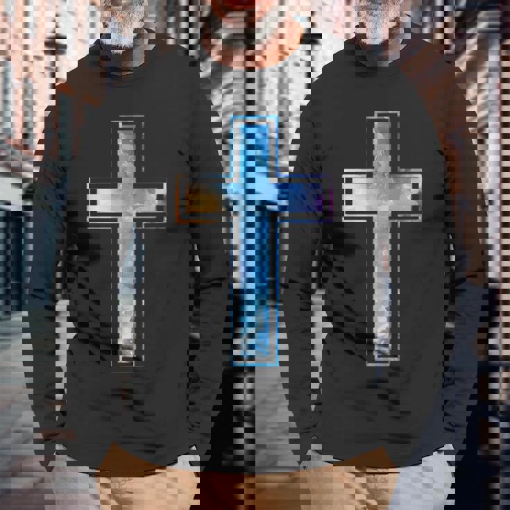 宗教のシルエット 信仰 水彩 キリスト教 十字架 長袖Tシャツ 高齢者への贈り物