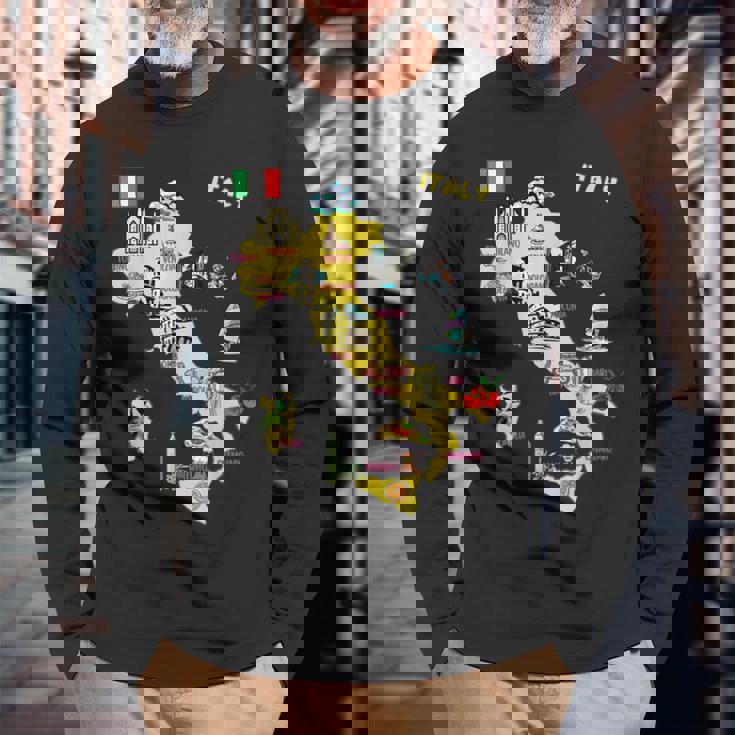 手描きのイタリア地図 観光地 長袖Tシャツ 高齢者への贈り物