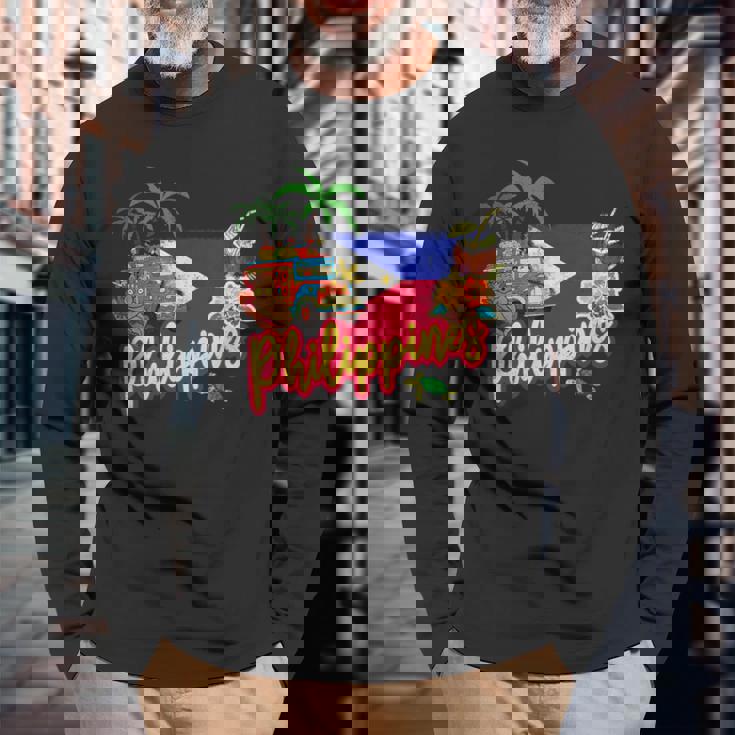 旗のヤシの木のお土産とフィリピンのヴィンテージメガネザル 長袖Tシャツ 高齢者への贈り物