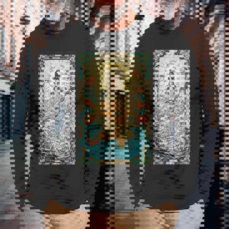 日本神話 音楽 女神弁財天 ステンドグラス 長袖Tシャツ 高齢者への贈り物