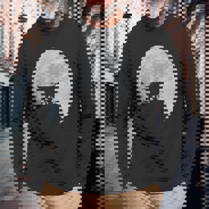 月と猫のシルエット ソマリ猫 長袖Tシャツ 高齢者への贈り物