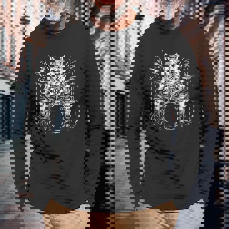 柴犬 ドラムを弾く ドラマー 犬好き 長袖Tシャツ 高齢者への贈り物