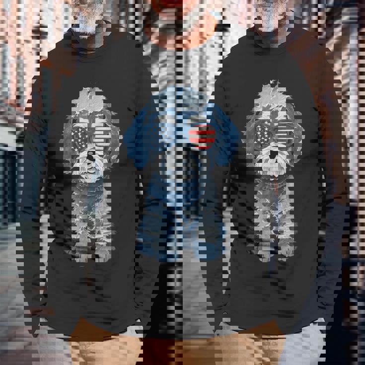 犬 柄 デニム パッチワーク アート 長袖Tシャツ 高齢者への贈り物