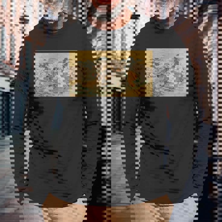 狸 狐 屏風絵 日本画 たぬき きつね 長袖Tシャツ 高齢者への贈り物