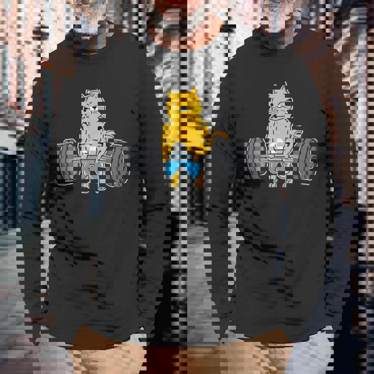 猫 デッドリフト パワーリフティング ウェイトリフティング 猫好き 長袖Tシャツ 高齢者への贈り物