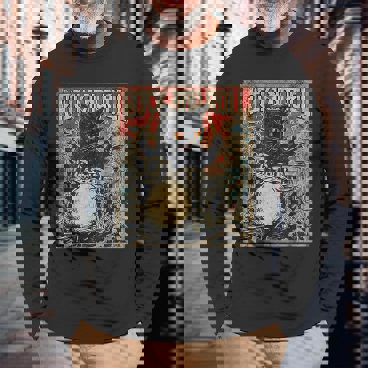 猫 演奏 ドラム ロック オン ヴィンテージ ロック ドラマー 猫 長袖Tシャツ 高齢者への贈り物