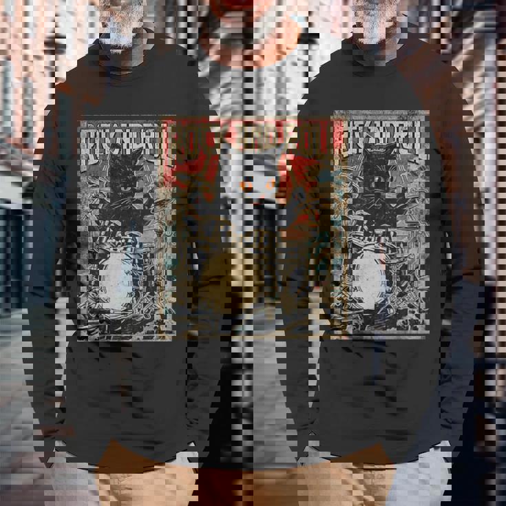 猫 演奏 ドラム ロック オン ヴィンテージ ロック ドラマー 猫 長袖tシャツ 長袖Tシャツ 高齢者への贈り物