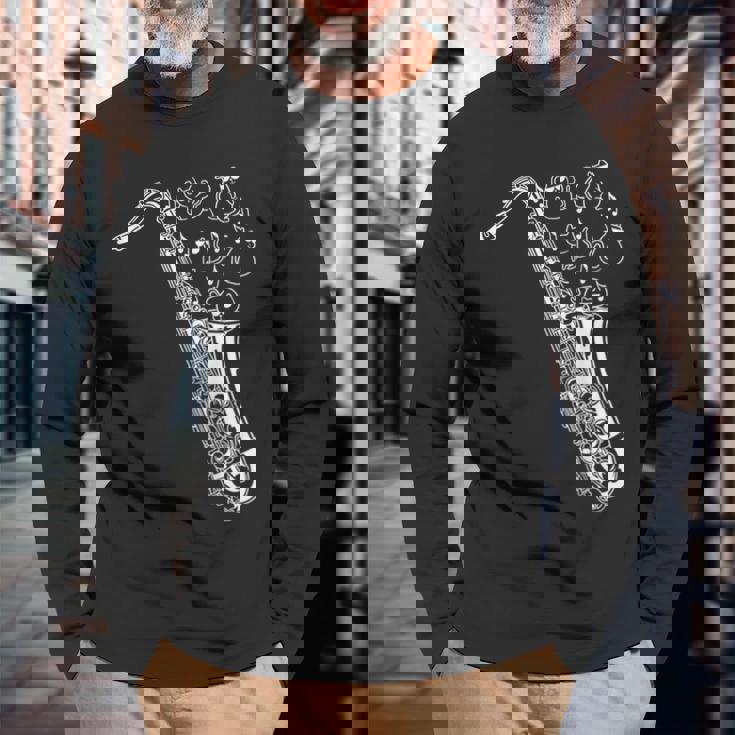 猫とサックス サクソフォン奏者 猫の飼い主 サックス 長袖Tシャツ 高齢者への贈り物