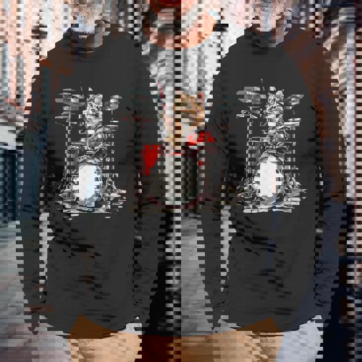 猫太鼓ドラムスティックかわいい猫と音楽 長袖Tシャツ 高齢者への贈り物