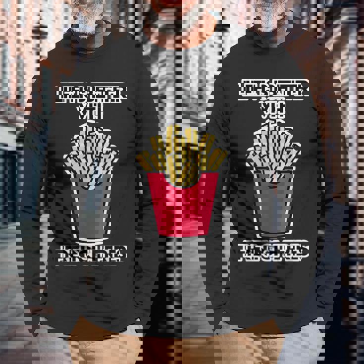 男性用フライドポテトデザイン フライドポテトと一緒に人生はより良いです 長袖Tシャツ 高齢者への贈り物