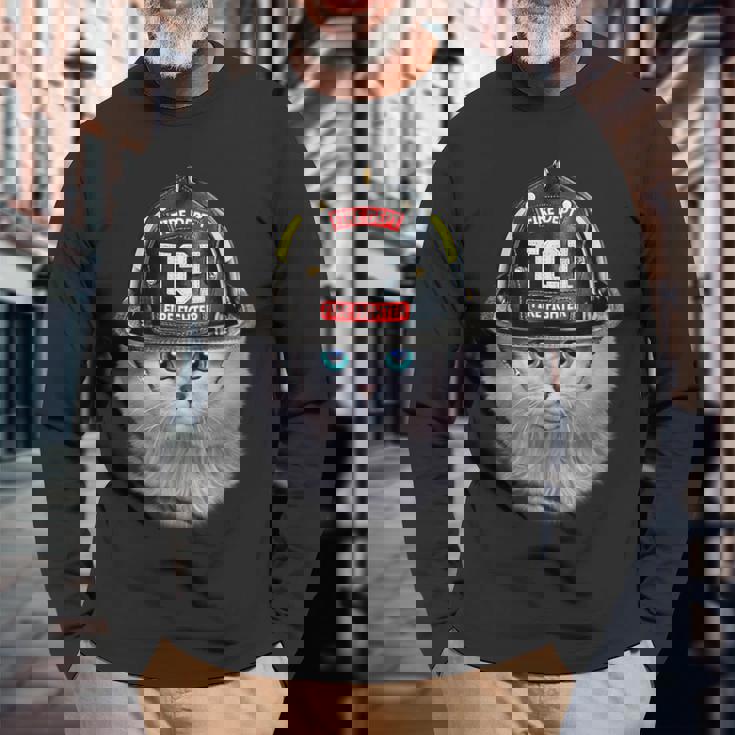 白いペルシャ猫 ねこ 消防士 長袖Tシャツ 高齢者への贈り物