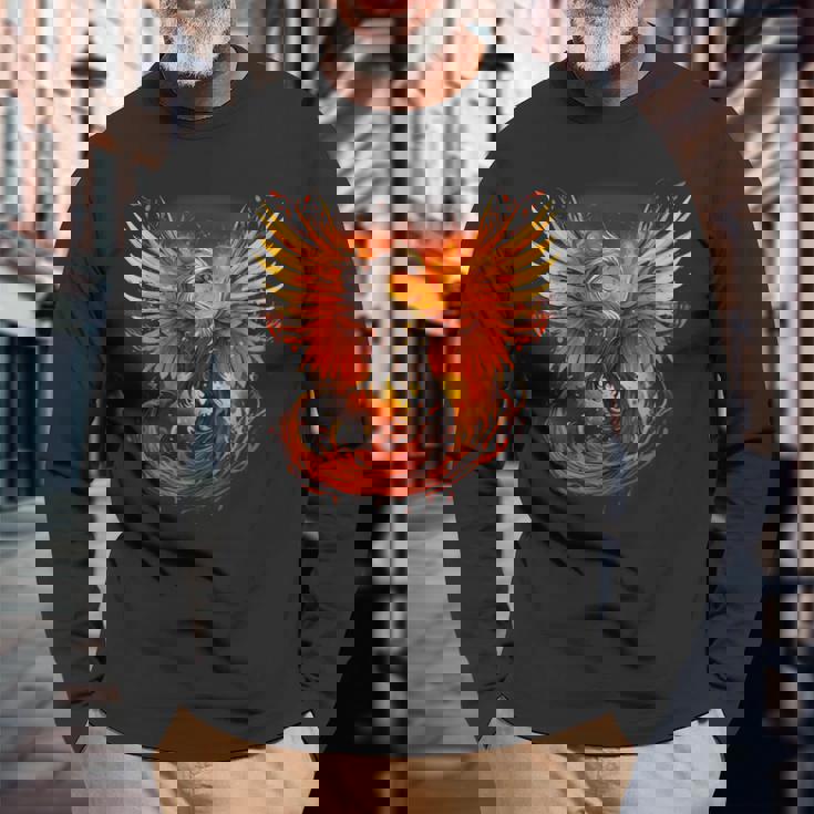 神話の鳥 若返り 不死鳥 芸術作品 ファイヤーバード リボーン 長袖Tシャツ 高齢者への贈り物