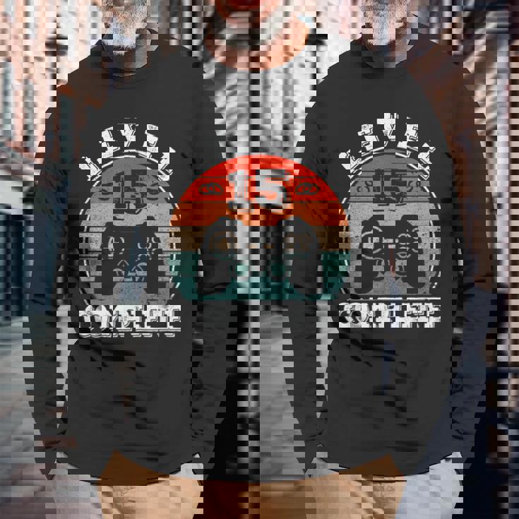 結婚15周年記念 15年目の結婚記念日 結婚15年目 Level 15 Complete 長袖Tシャツ 高齢者への贈り物