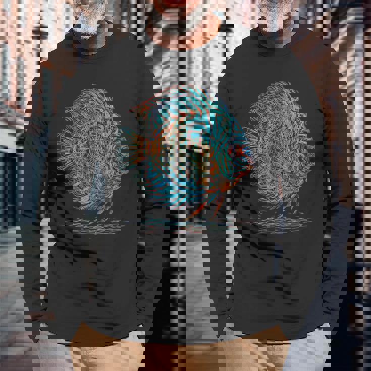 青 円盤魚 アクアリウム フィッシュキーパー 長袖Tシャツ 高齢者への贈り物