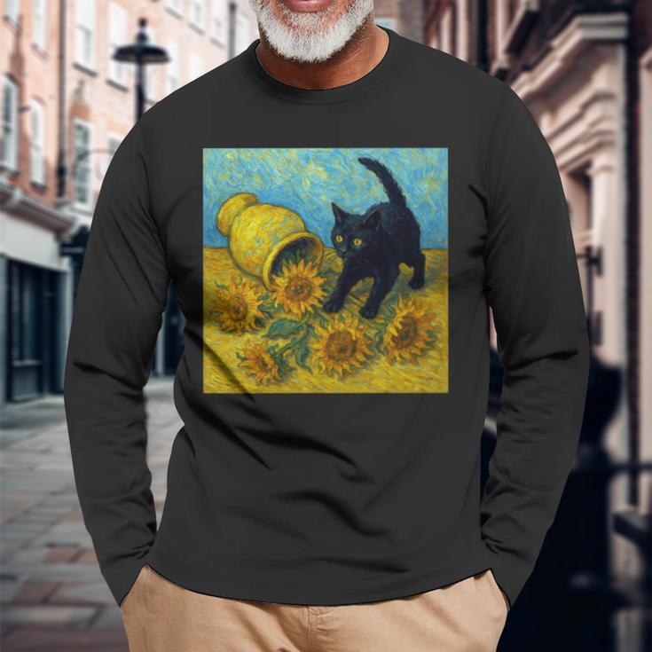 面白いゴッホのひまわり、猫のミーム、黒猫のアート。 長袖tシャツ 長袖Tシャツ 高齢者への贈り物