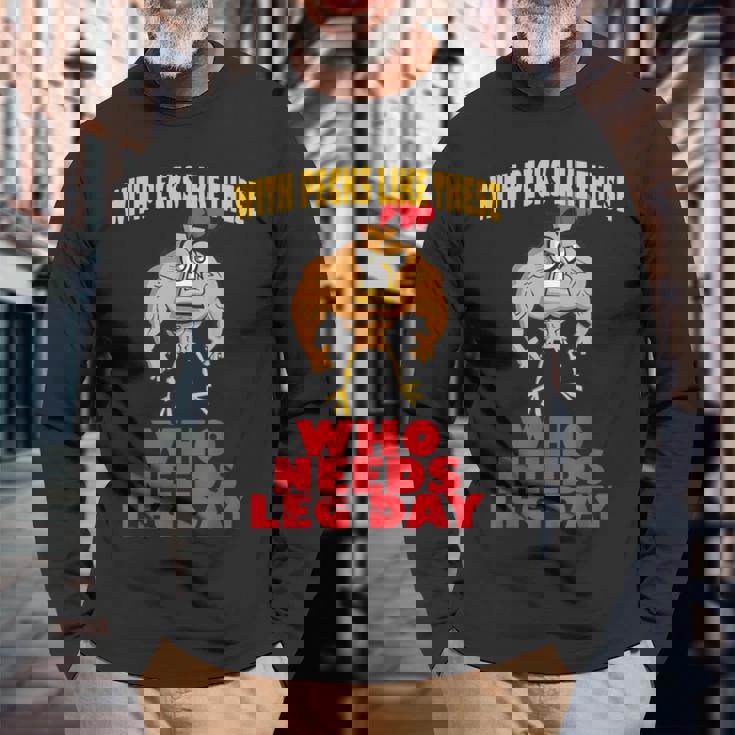 面白いジムフィットネスワークアウトtシャツ チキンレッグ 長袖Tシャツ 高齢者への贈り物