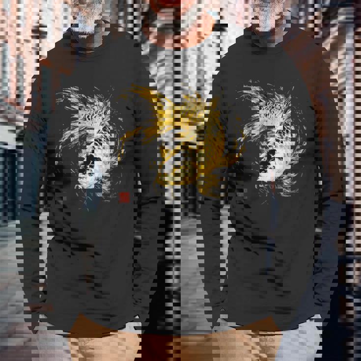 鯉 黒金 アクアリウム ニシキゴイ 観賞魚 イラスト 長袖Tシャツ 高齢者への贈り物