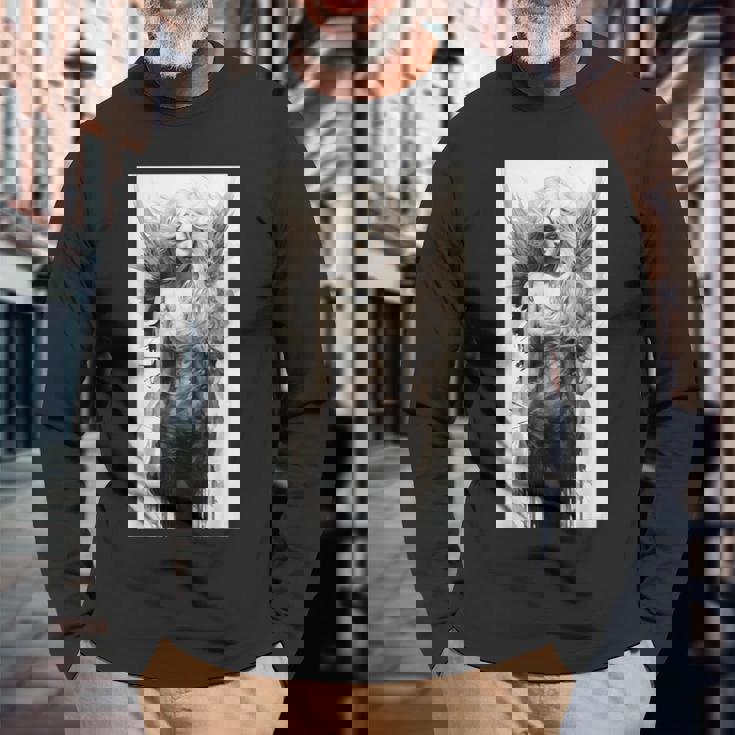 黒と白の天使 クラシックヴィンテージアート 長袖Tシャツ 高齢者への贈り物