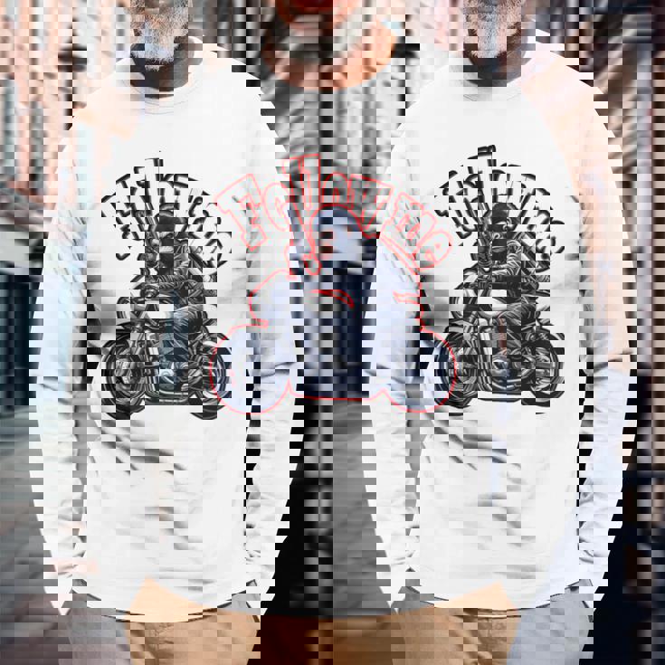 Followmeバイクに乗るゴリラのバックプリントデザイン 長袖Tシャツ 高齢者への贈り物