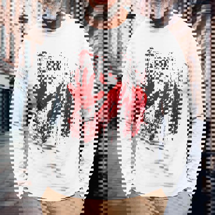 I'm Ok シャツ 血まみれ シャツ 手 血のはね 血 ステンド 長袖Tシャツ 高齢者への贈り物