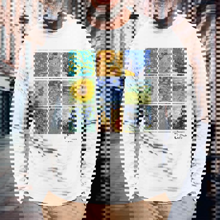 ひまわりと星月夜のゴッホ絵画コラージュ 長袖Tシャツ 高齢者への贈り物