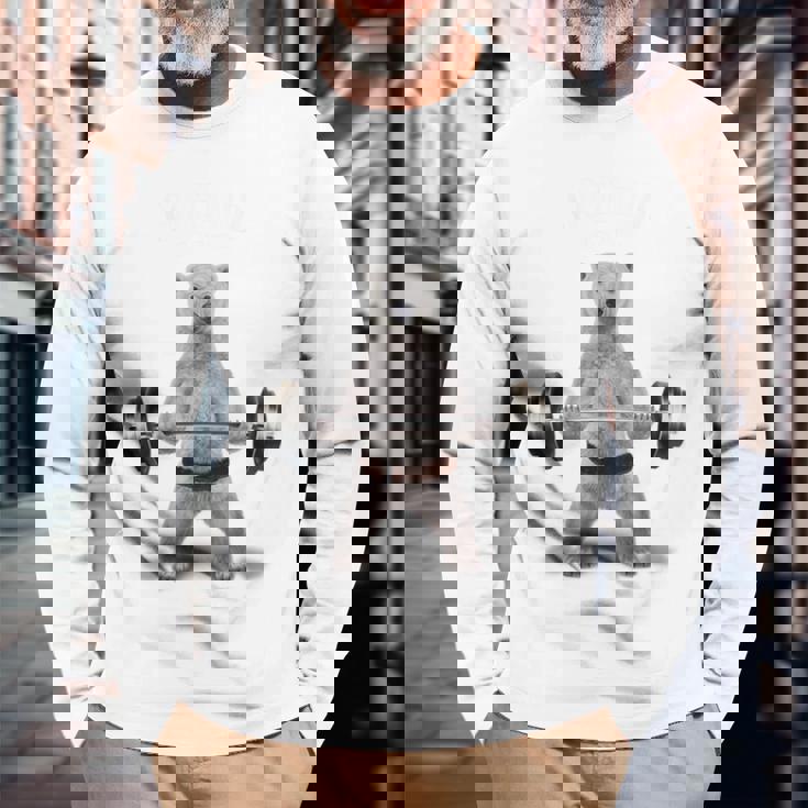 ウェイトリフティング 筋トレ バーベル やる気がないなら家に帰れ 白熊 しろくま 長袖Tシャツ 高齢者への贈り物