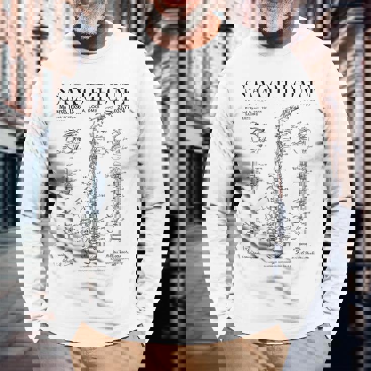 サックス オールド ヴィンテージ 特許 図面 プリント 長袖Tシャツ 高齢者への贈り物