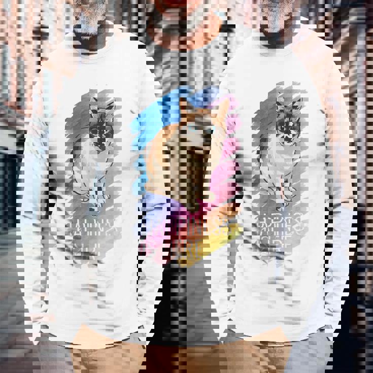 シャム猫 ラグドール ネコ 青い瞳 ブルーアイ かわいい 癒し 幸せ 前向き 猫好き グラデーション 長袖Tシャツ 高齢者への贈り物