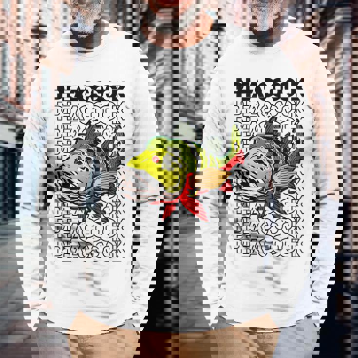 ピーコックバス 80 年代スタイルのモンスターフィッシュキーパー 長袖Tシャツ 高齢者への贈り物