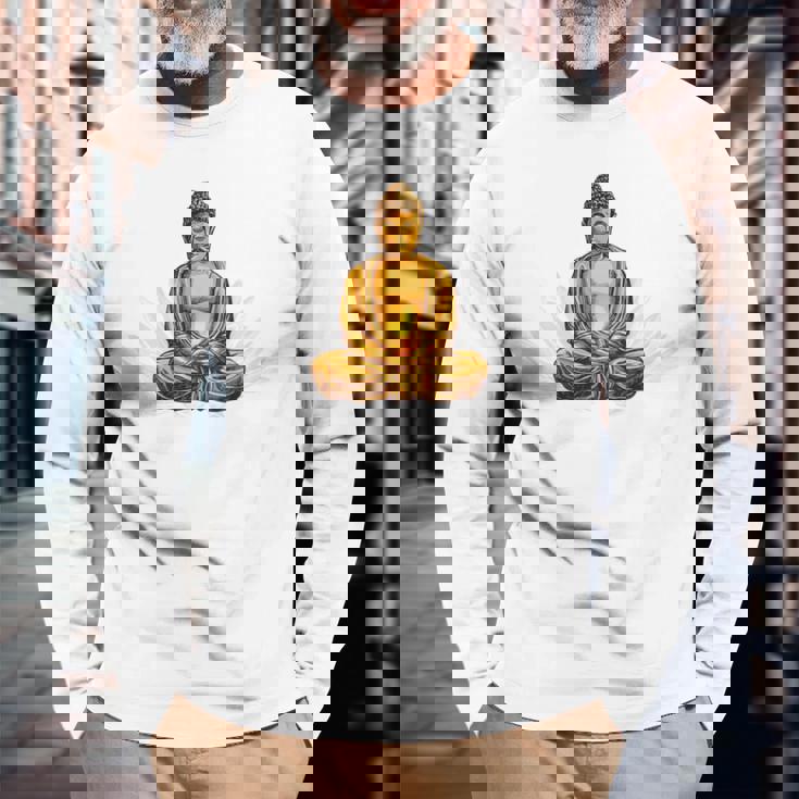 ブッダ 国際ヨガデー バックプリント 長袖Tシャツ 高齢者への贈り物