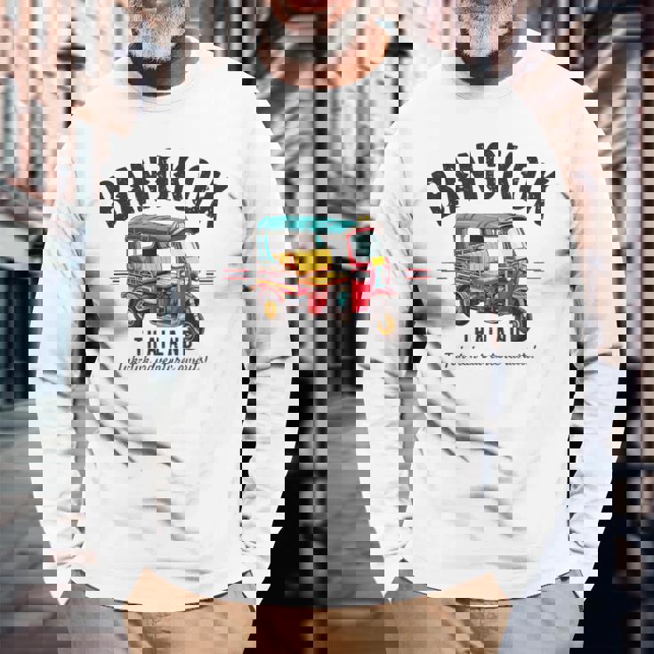 ヴィンテージ トゥクトゥク バンコク タイ 長袖Tシャツ 高齢者への贈り物