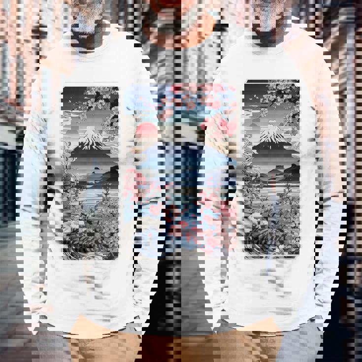 日本の桜庭 芸者 富士山 桜 木 長袖Tシャツ 高齢者への贈り物