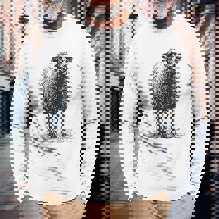 羊 アニマルプリント 動物園 ドローイング アート 絵画 羊 長袖Tシャツ 高齢者への贈り物