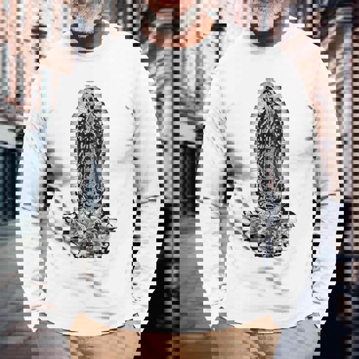 聖母デグアダルーペ サンマリア バックプリント クリスチャン 長袖Tシャツ 高齢者への贈り物