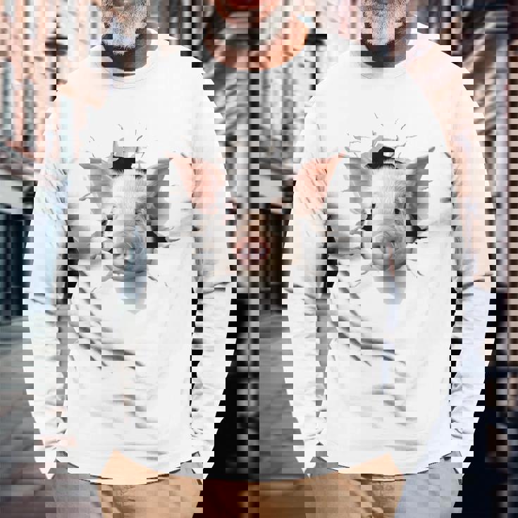 豚 アニマル柄 グラフィック 図面 イラスト 顔 豚 長袖Tシャツ 高齢者への贈り物