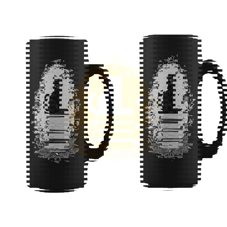 Cute Cat Sitting On Books With Mushrooms Cottage Core Coffee Mug