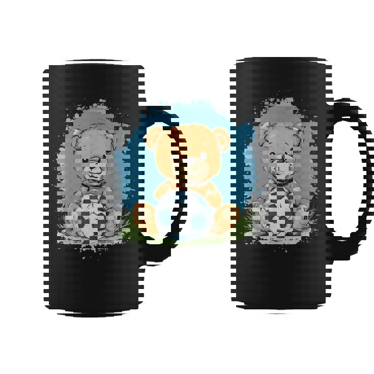 サッカーボール付きのかわいいテディベア コーヒーマグ