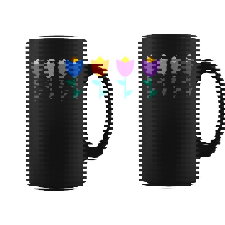 ブルー、オレンジ、ピンク、パープルのチューリップ。 コーヒーマグ