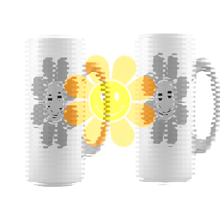 オレンジ70年代レトロファンキーフラワー、イエロースマイルフェイス コーヒーマグ