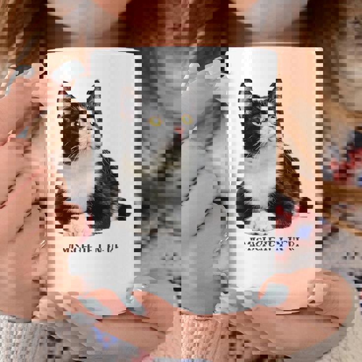 Mischief In Fur 猫写真 ハチワレ猫 黒白猫 猫好き ネタ 猫しもべ 猫飼い 猫依存症 長袖tシャツ コーヒーマグ 面白い贈り物