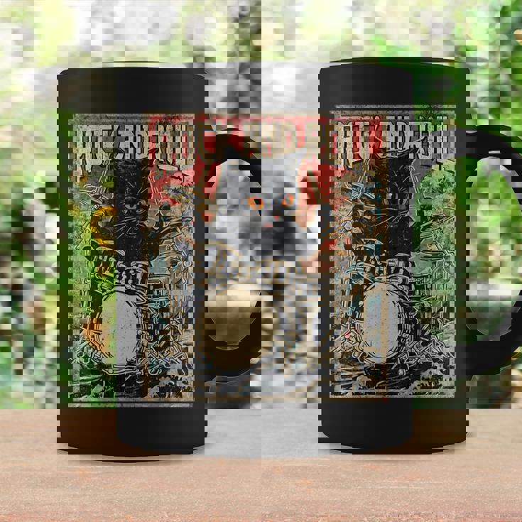 猫 演奏 ドラム ロック オン ヴィンテージ ロック ドラマー 猫 長袖tシャツ コーヒーマグ ギフトのアイデア