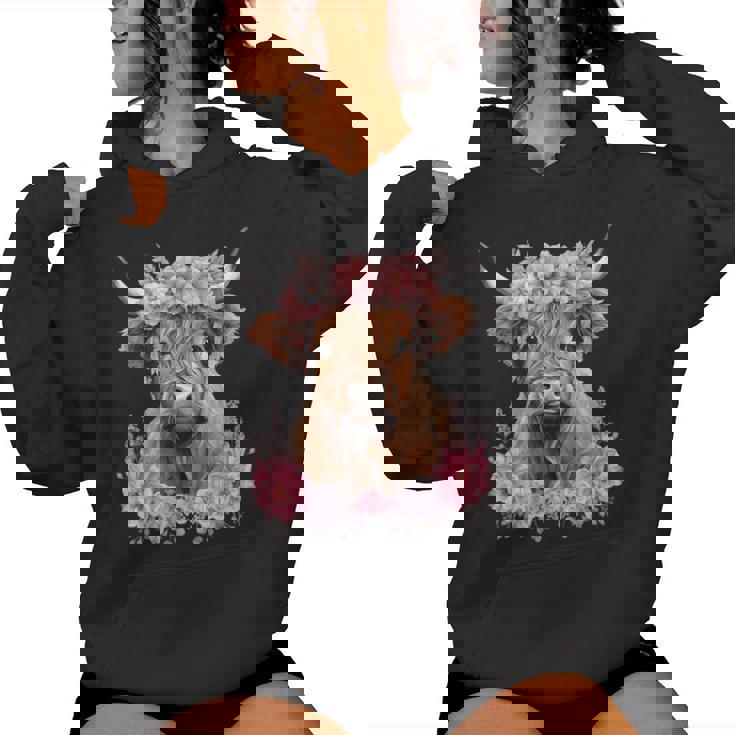 Cute Baby Highland Cow With Flowers Calf Animal Cow Women Women Hoodie