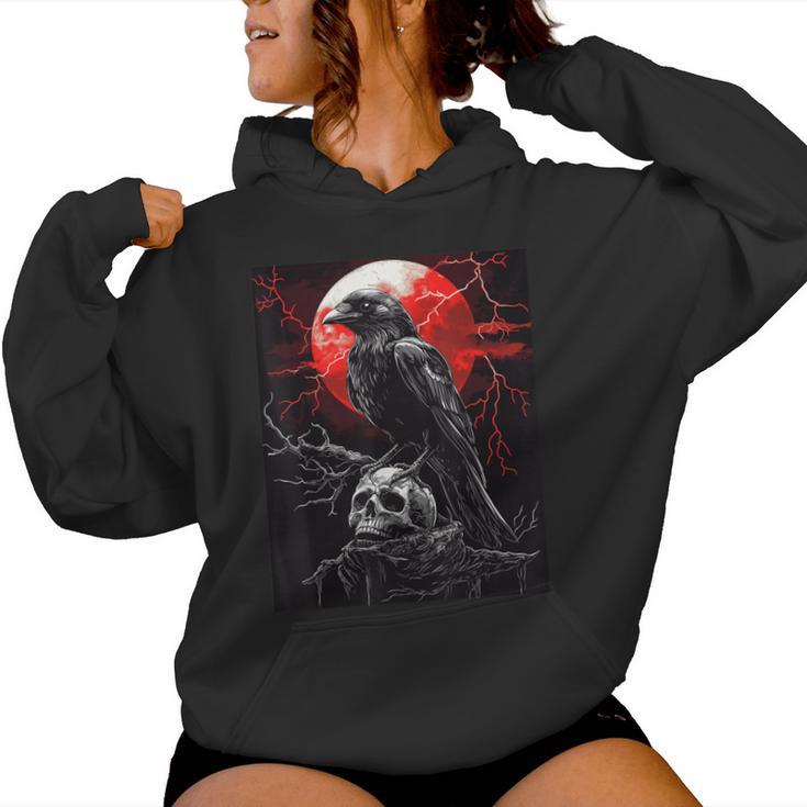 Raven Skull Moon Scary Black Gothic Spooky Black Crow Women Hoodie