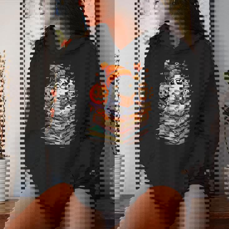 Cute Ghost Reading Book Lovers Autumn Fall Halloween Ghost Women Hoodie Gifts for Her