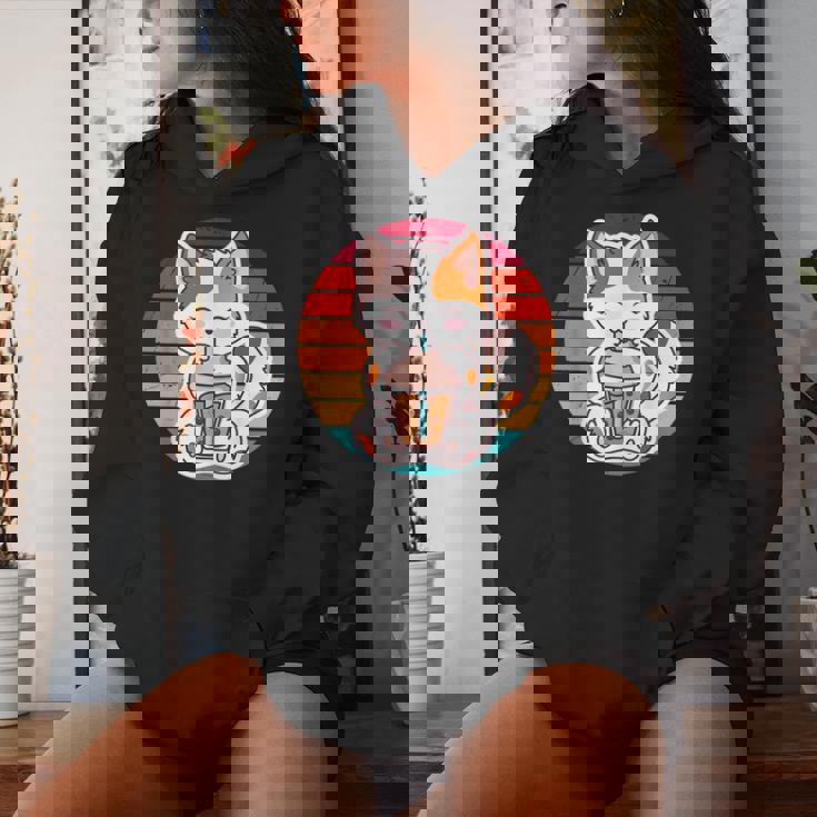 かわいい猫 ボバ ティーバブル アニメ 日本猫 女の子 ティーン レディースパーカー 彼女への贈り物